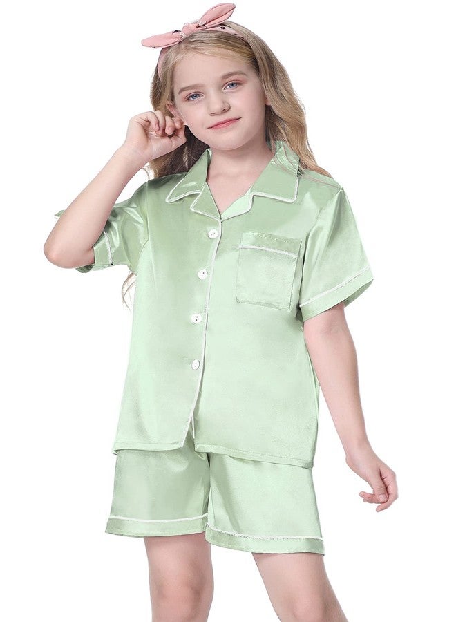 Schbbbta Satin Pajamas for Girls, 2 Pcs Sleepwear Short Sleeve Silk Satain Summer Pajama Set for Girls, Light Green, 9-10 Years = Tag 150 - Image 2